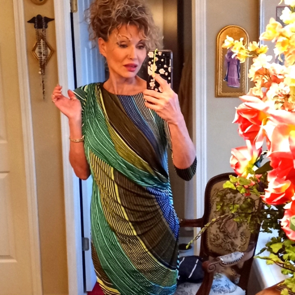 Maggy London dress 8 petite blue and green multi stripe